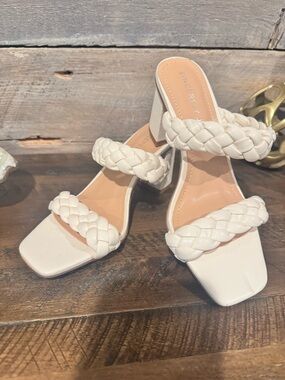 Sincerly Jules White Braided Double-Strap Block Heel Sandals